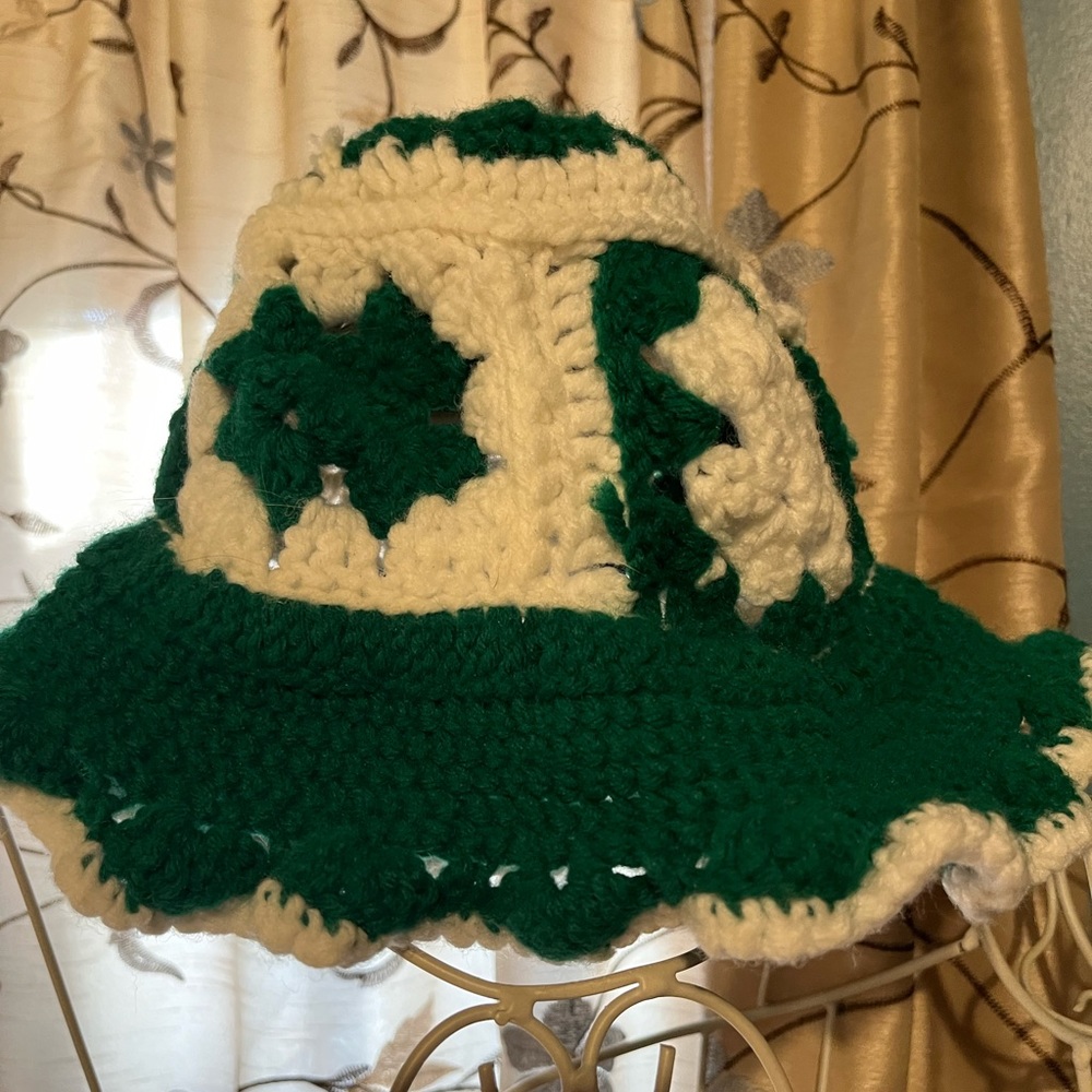 Handmade St Patrick’s Day Green White Bucket Ruffle Knit Hat